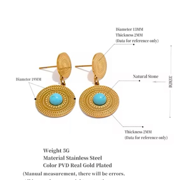 Turquoise Sunburst Drop Earrings – Stainless Steel, PVD Real Gold Plated - Picture 5 of 6